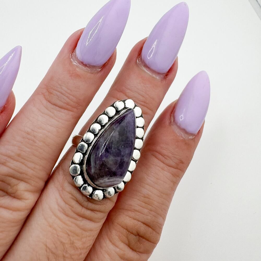Vintage Amethyst Teardrop Cabochon Ring Sterling Silver Chunky Glam Bling Boho - Picture 4 of 7